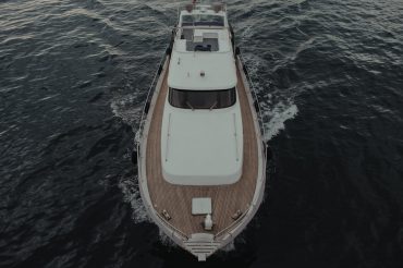 a top view of a yacht on the ocean
