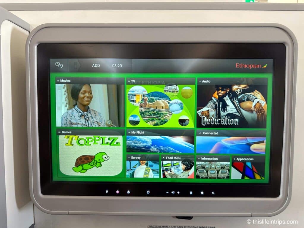 Ethiopian Airlines Airbus A350-900 Business Class in-flight entertainment screen