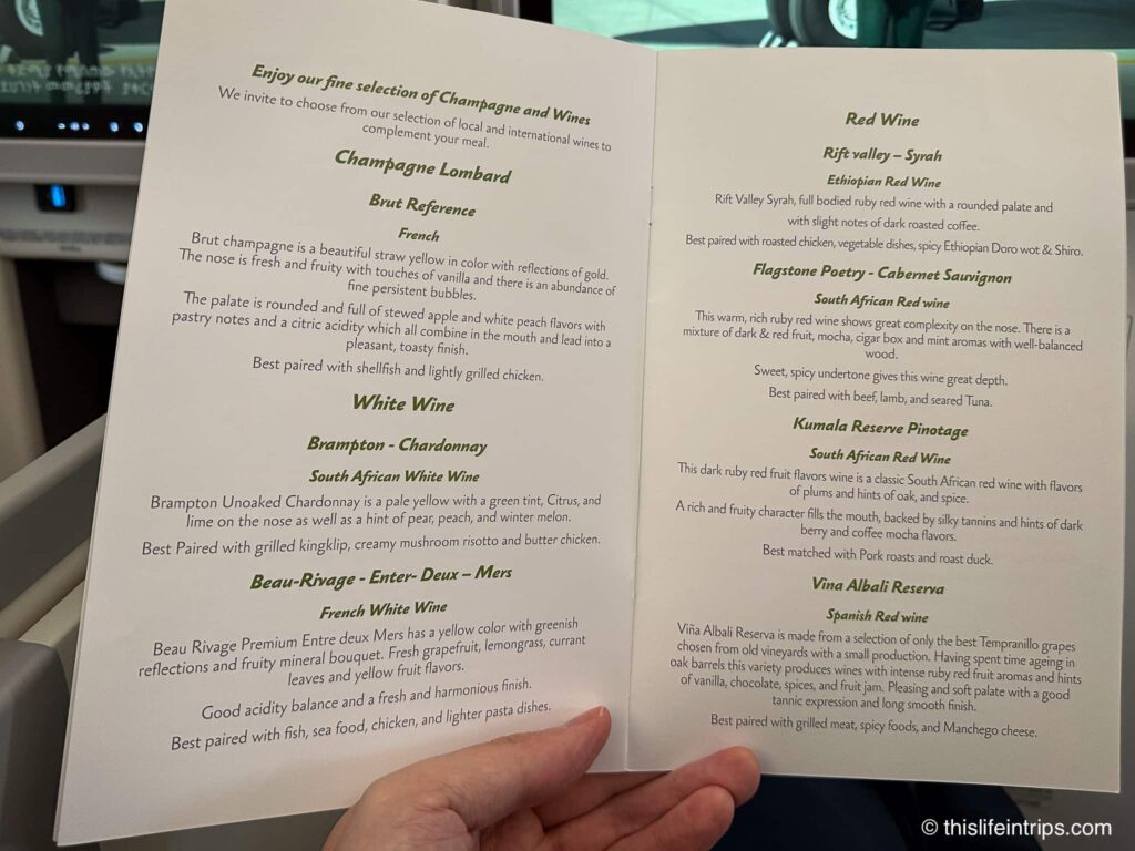 Ethiopian a350 business class menu