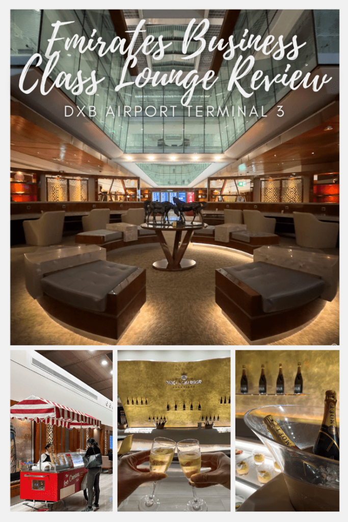 DXB Emirates Business Class Lounge review Pinterest image
