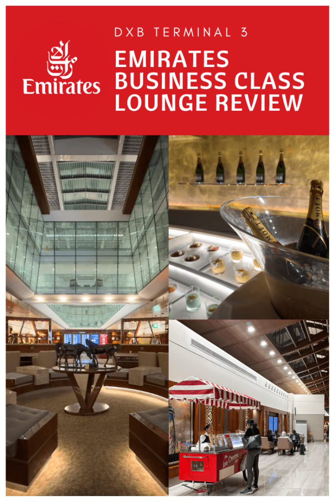 DXB Emirates Business Class Lounge review Pinterest image
