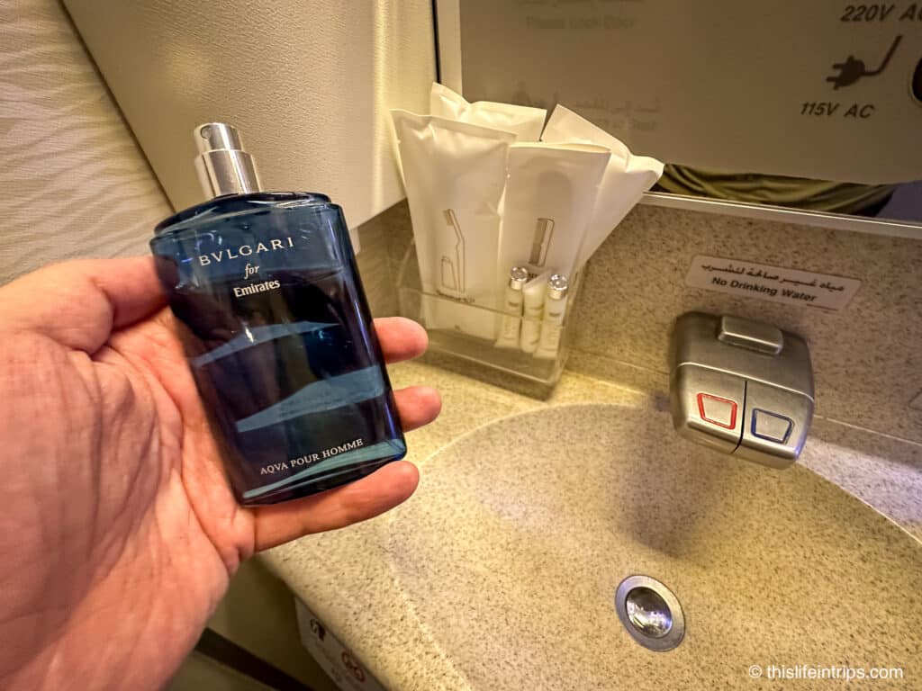 Bottle of BVLGARI for men in an Emirates business class lavatory