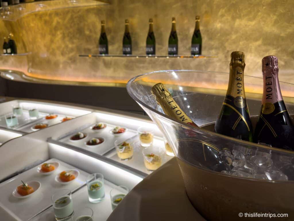 Bowl of Champagne at the Moet Champagne bar at the DXB Emirates Business Class Lounge