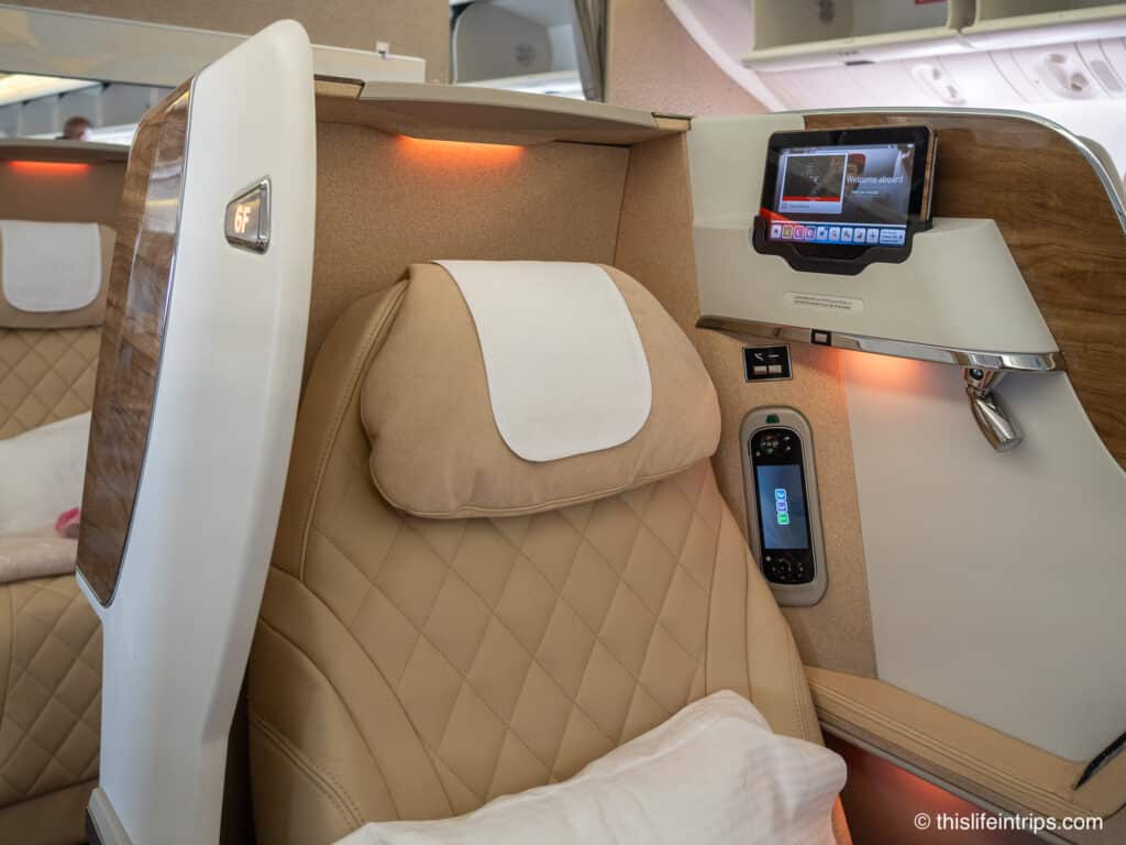 Refreshed seat on an Emirates 777-200lr business class flight