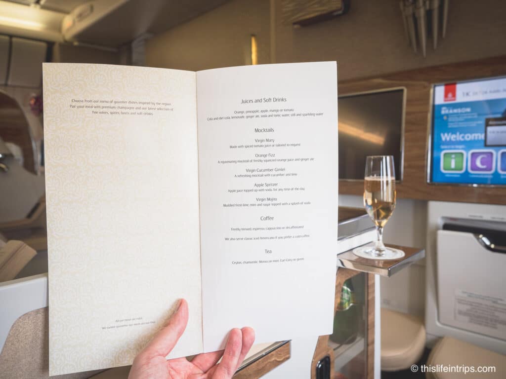 Emirates business class menu on their 777-200lr service