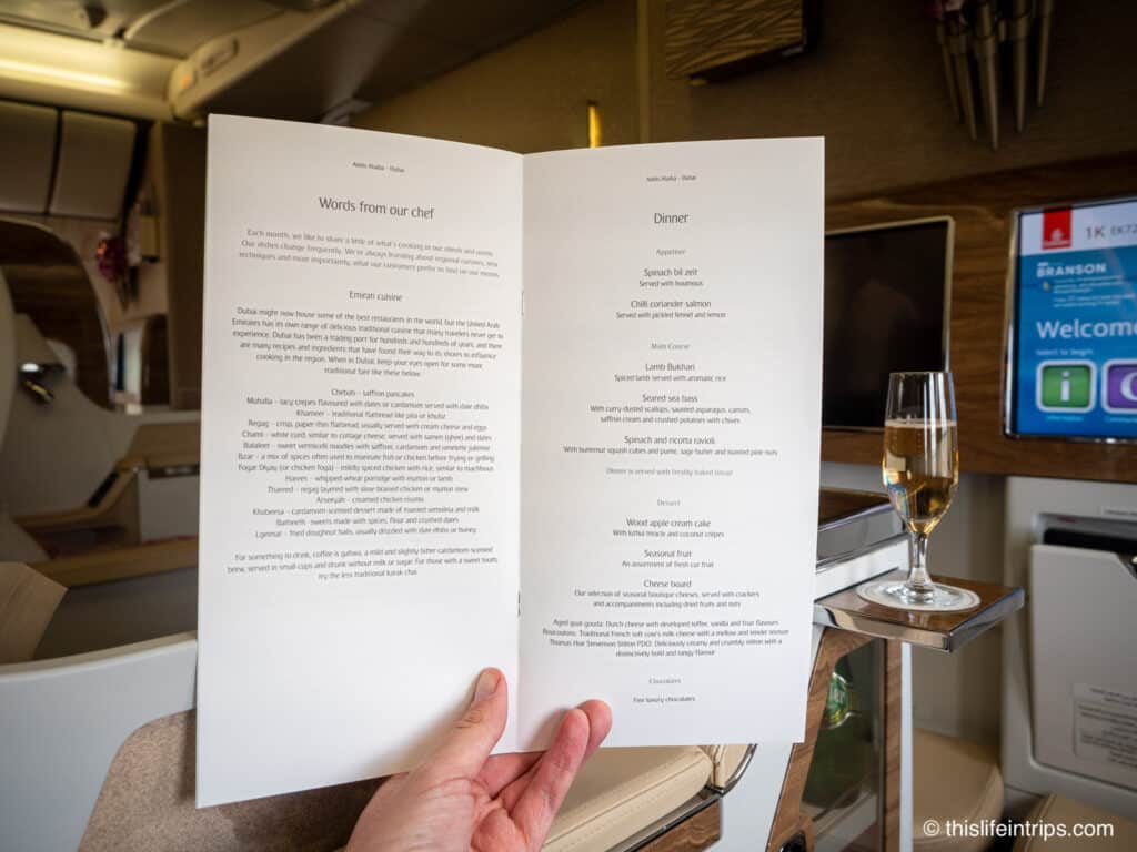 Emirates business class menu on their 777-200lr service