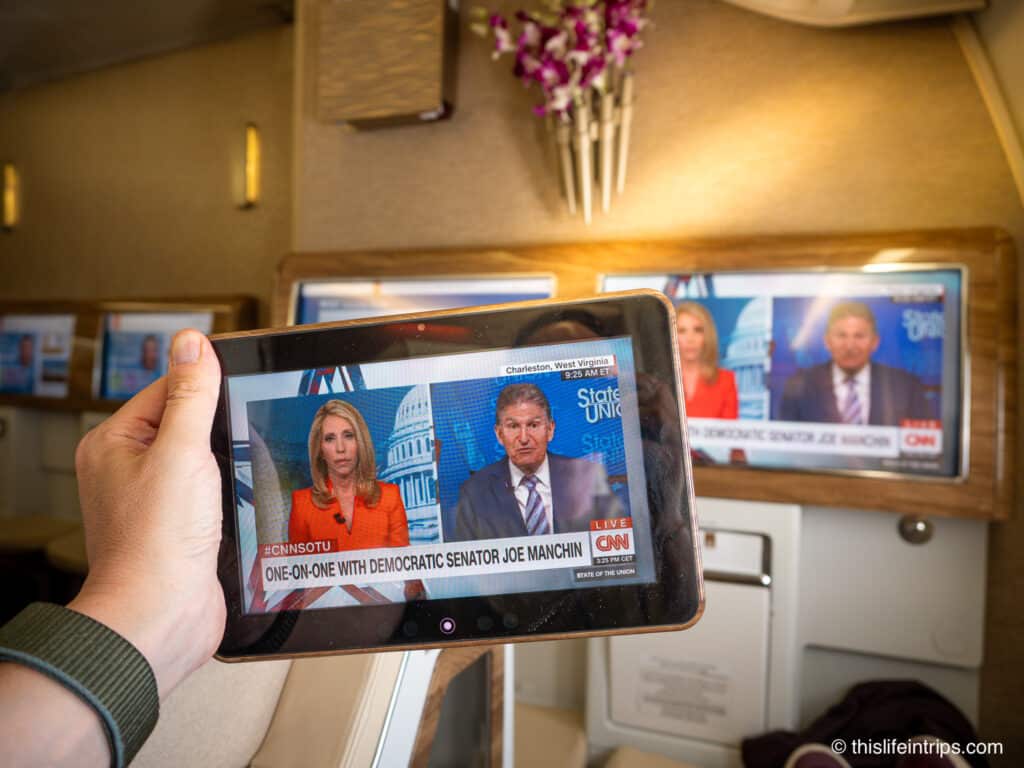 In flight entertainment (tablet) on an Emirates 777 business class flight