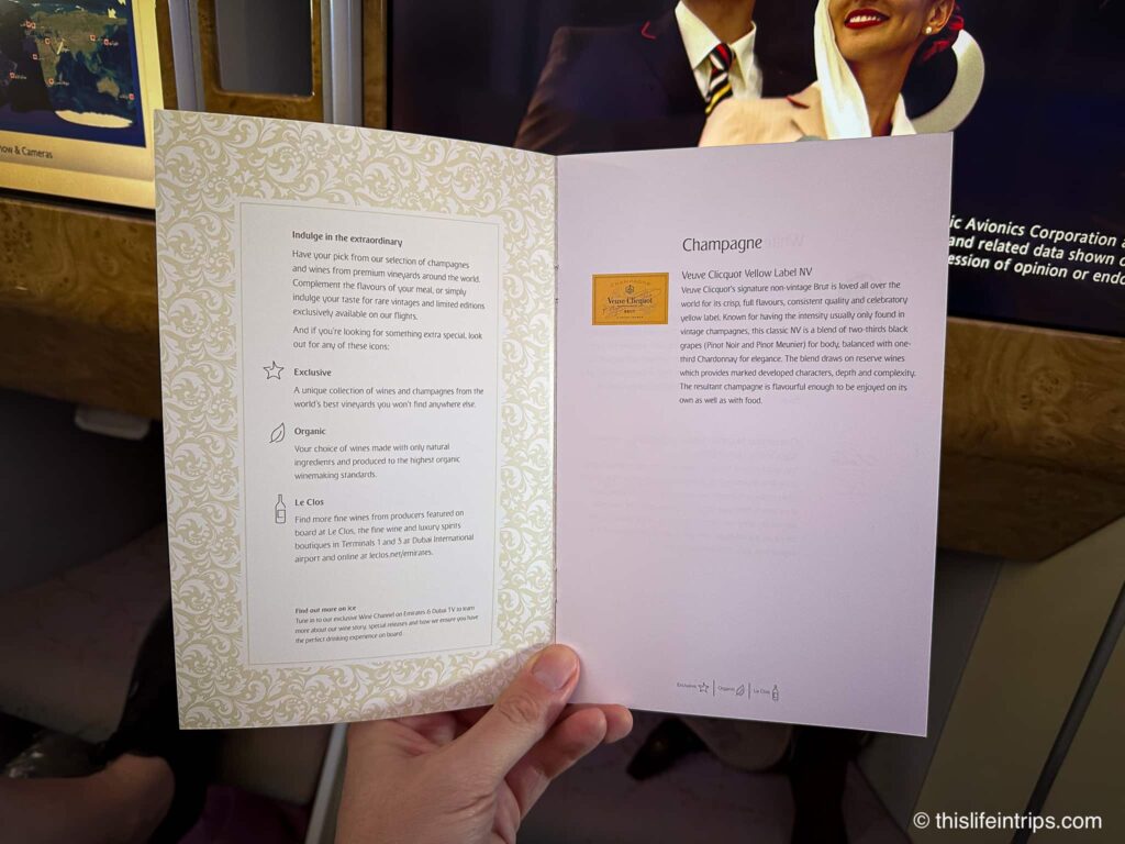 Emirates A380 business class drink menu