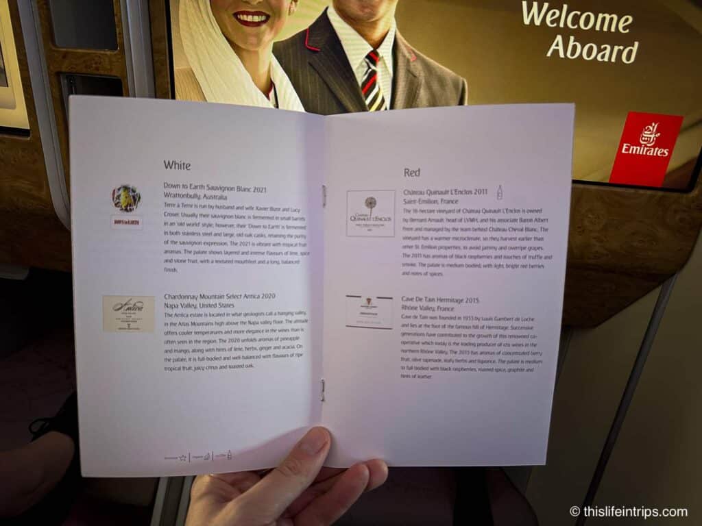 Emirates A380 business class wine menu