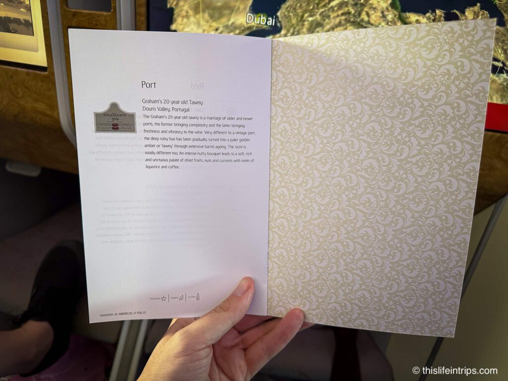 Emirates A380 business class port menu