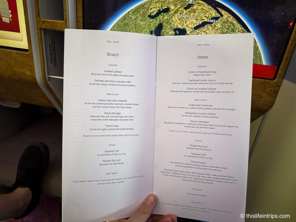 Emirates A380 business class food menu