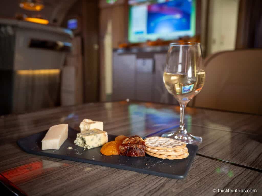 cheese plate in the Emirates a380 business class bar