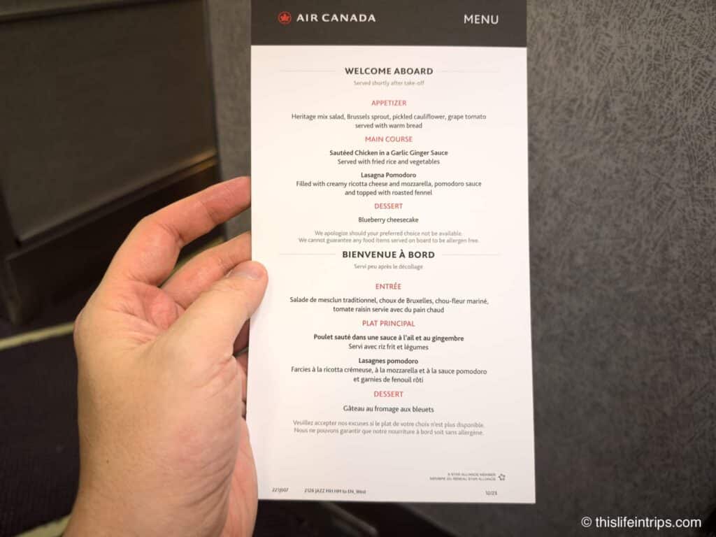 Menu in Air Canada CRJ 900 Business Class