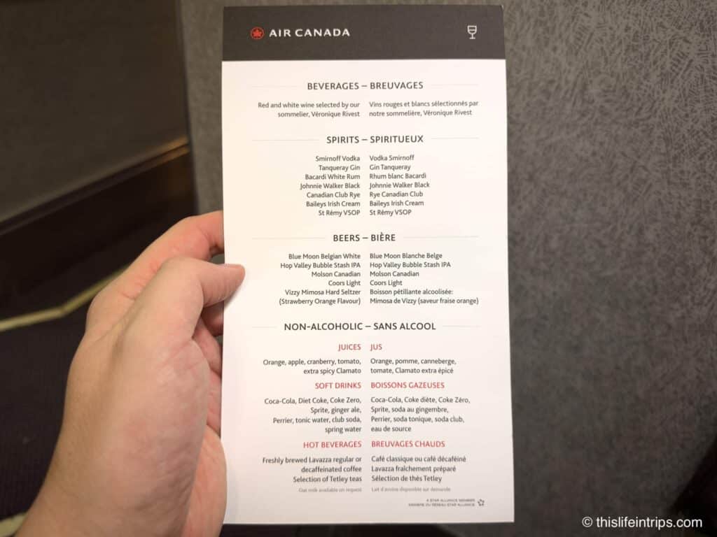 dink menu in Air Canada CRJ 900 Business Class