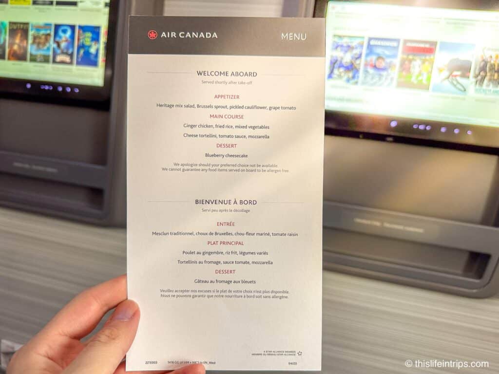 Air Canada 737 Max 8 business class menu