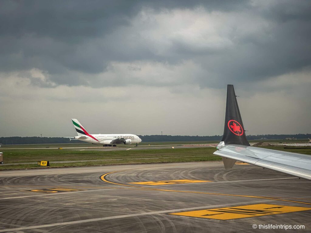 Emirates A380 arriving at IAH as seen from my Air Canada 737 max 8 business class seat