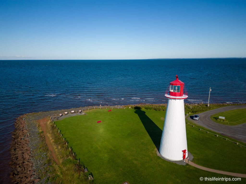 Arial shot of Point Prim lighthouse in PEI
