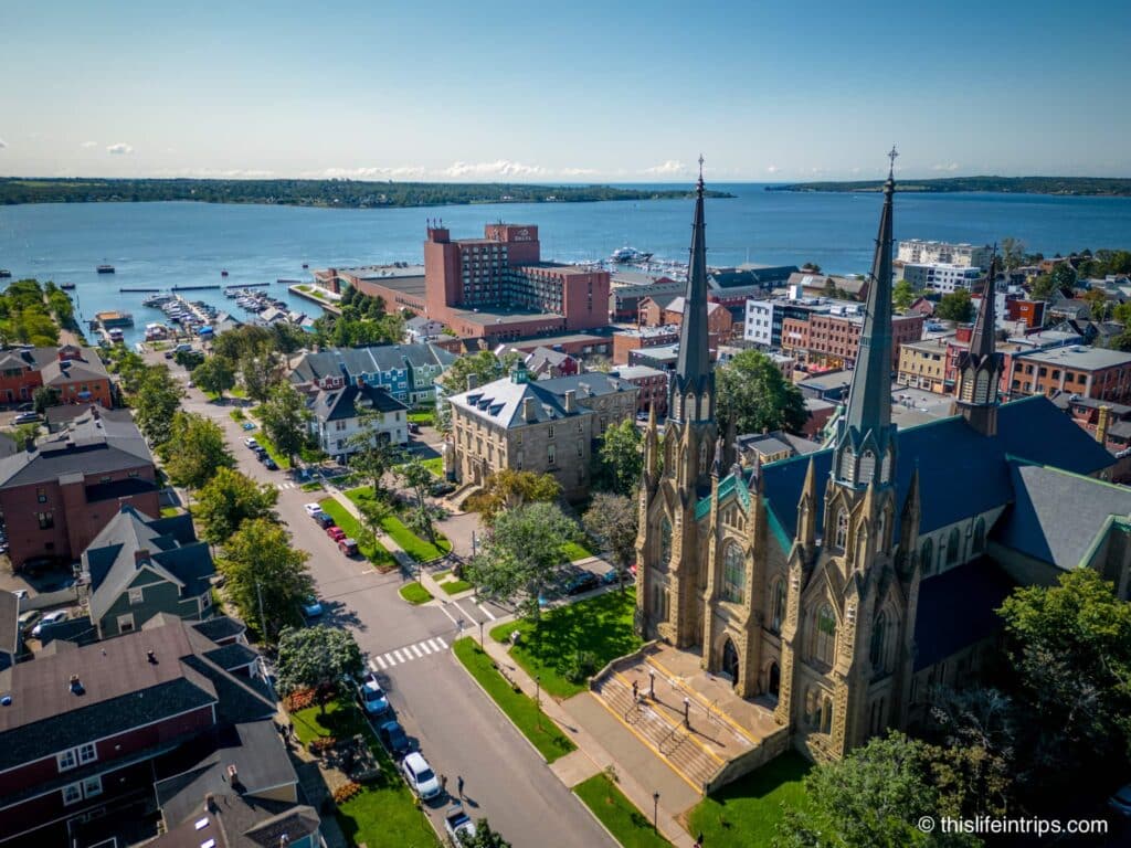 Arial shot of St. Dunstan's Basilica in Charlottetown, PEI