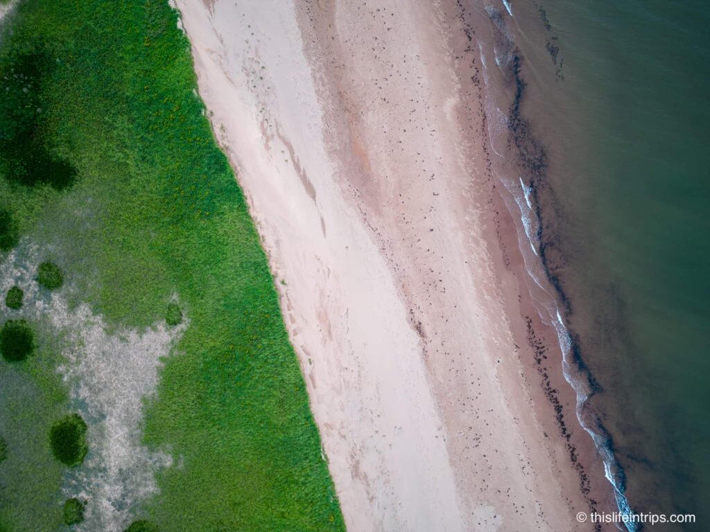 Arial shot of the pink sandy beaches in PEI. A unique things to do in PEI.
