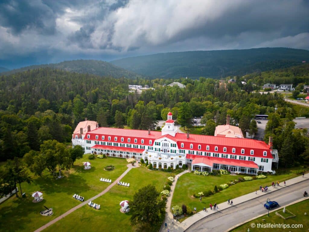 Arial shot of Hotel Tadoussac on a Route 138 Quebec road trip