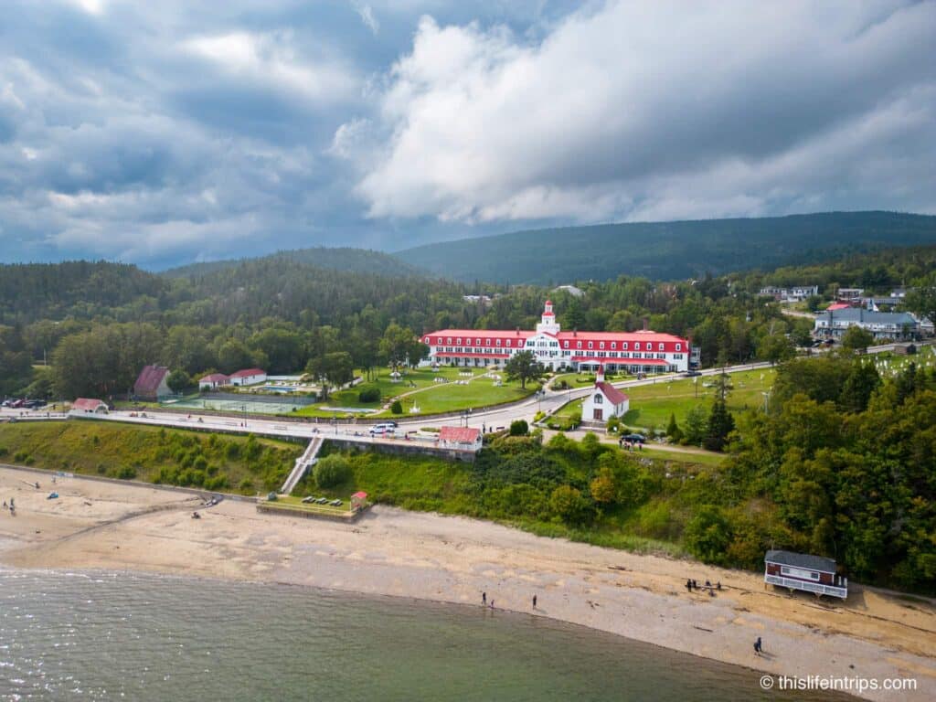 Arial shot of Tadoussac with the Hotel Tadoussac in the background