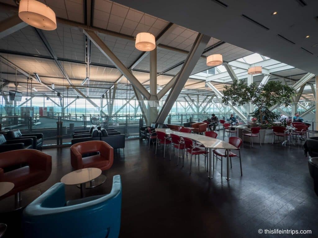 Dated lounge seating at YVR Maple Leaf lounge