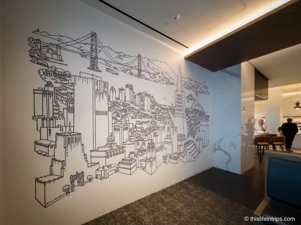 Black and white sketch mural at the San Francisco Air Canada Lounge