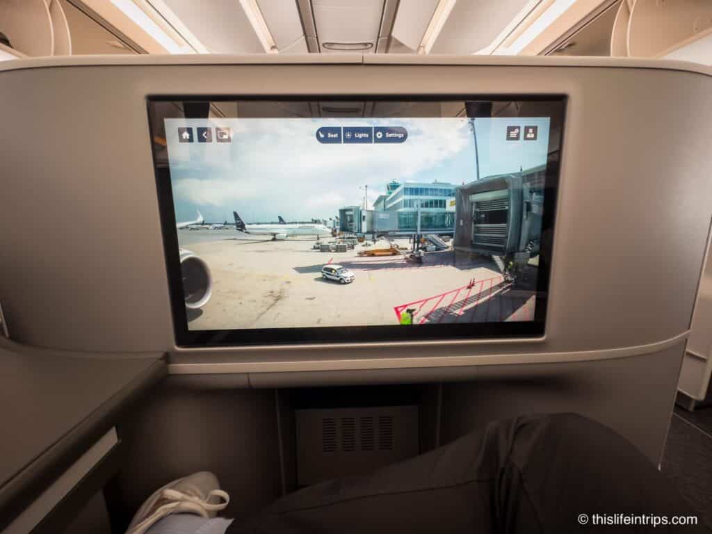Lufthansa Allegris business class screen with camera displayed