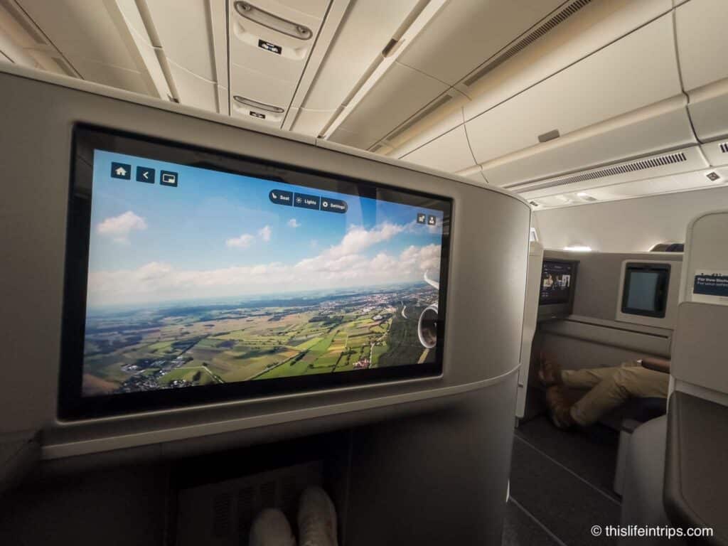 Lufthansa Allegris business class screen with flight camera displayed