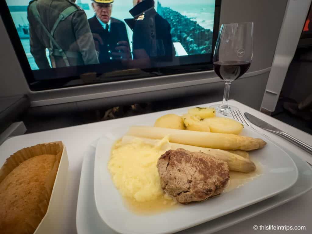 Lufthansa Allegris business class meal - veal and white asparagus with hollandaise sauce