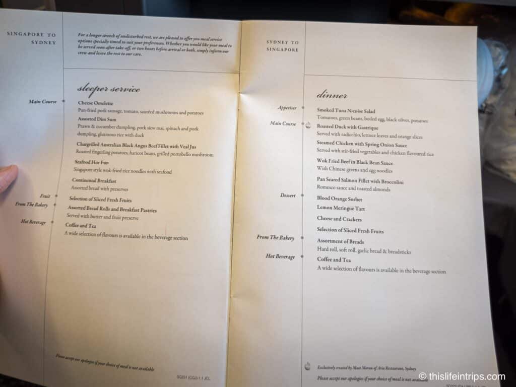 Singapore Airlines a380 Business Class Menu