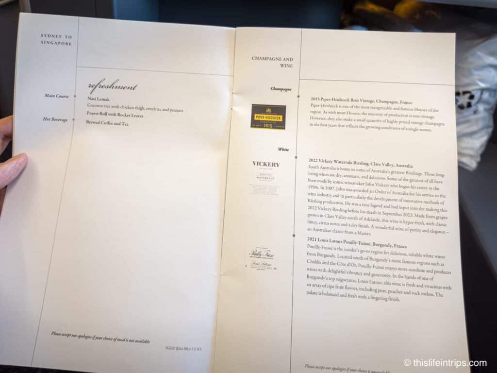Singapore Airlines a380 Business Class Menu