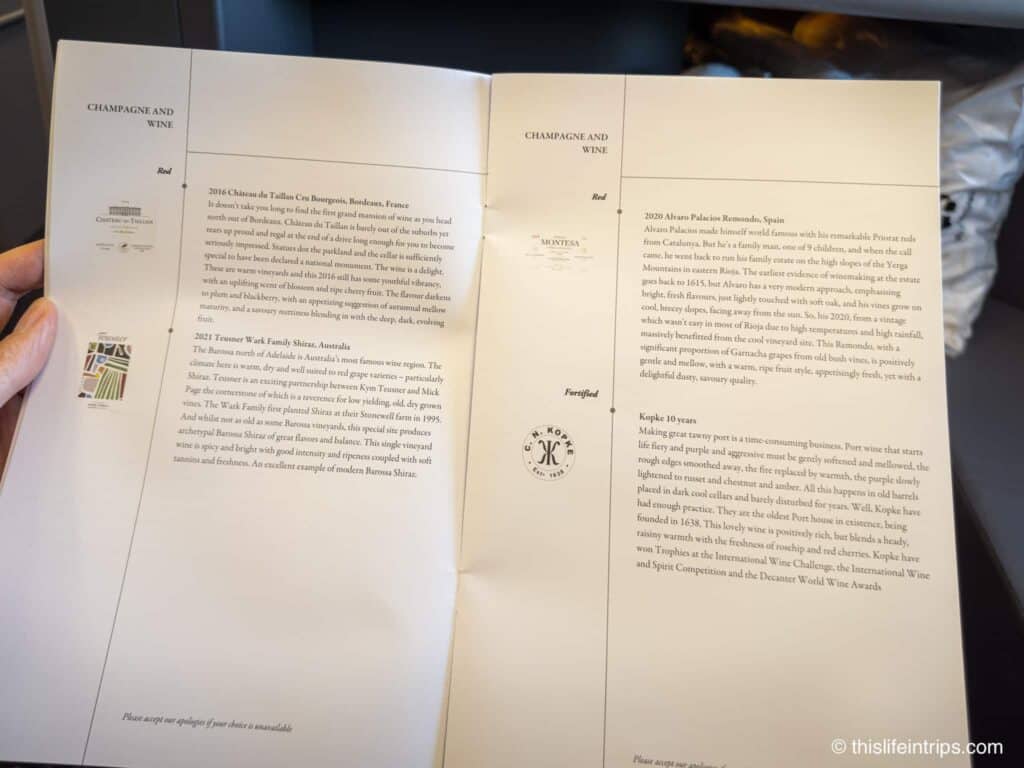 Singapore Airlines a380 Business Class Menu