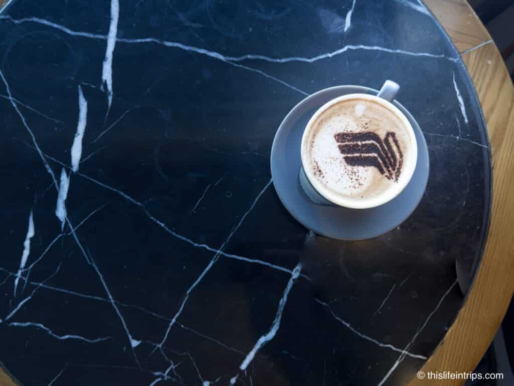 Singapore Airlines logo latte art at the lounge in Sydney