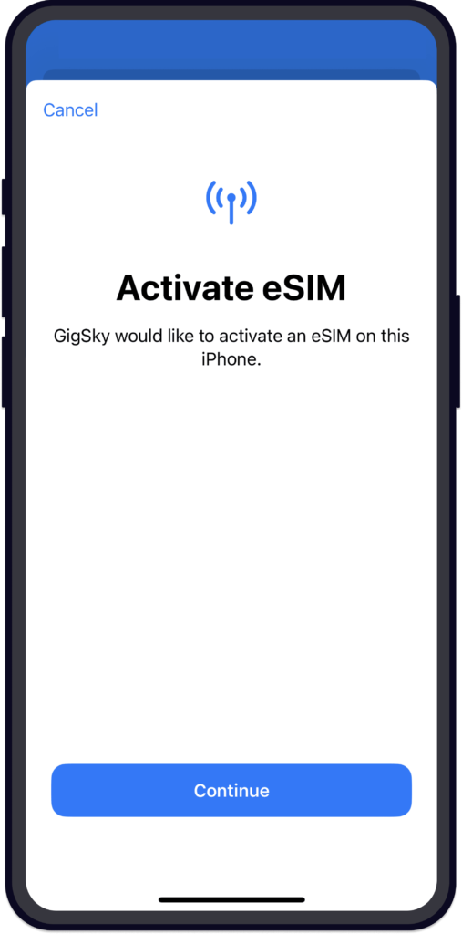 GigSky screen shot of activation message on iphone