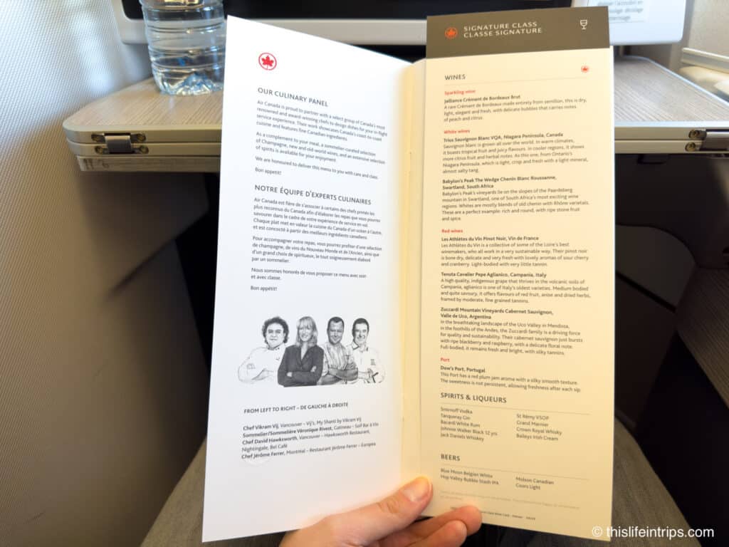 Air Canada A330 business class menu