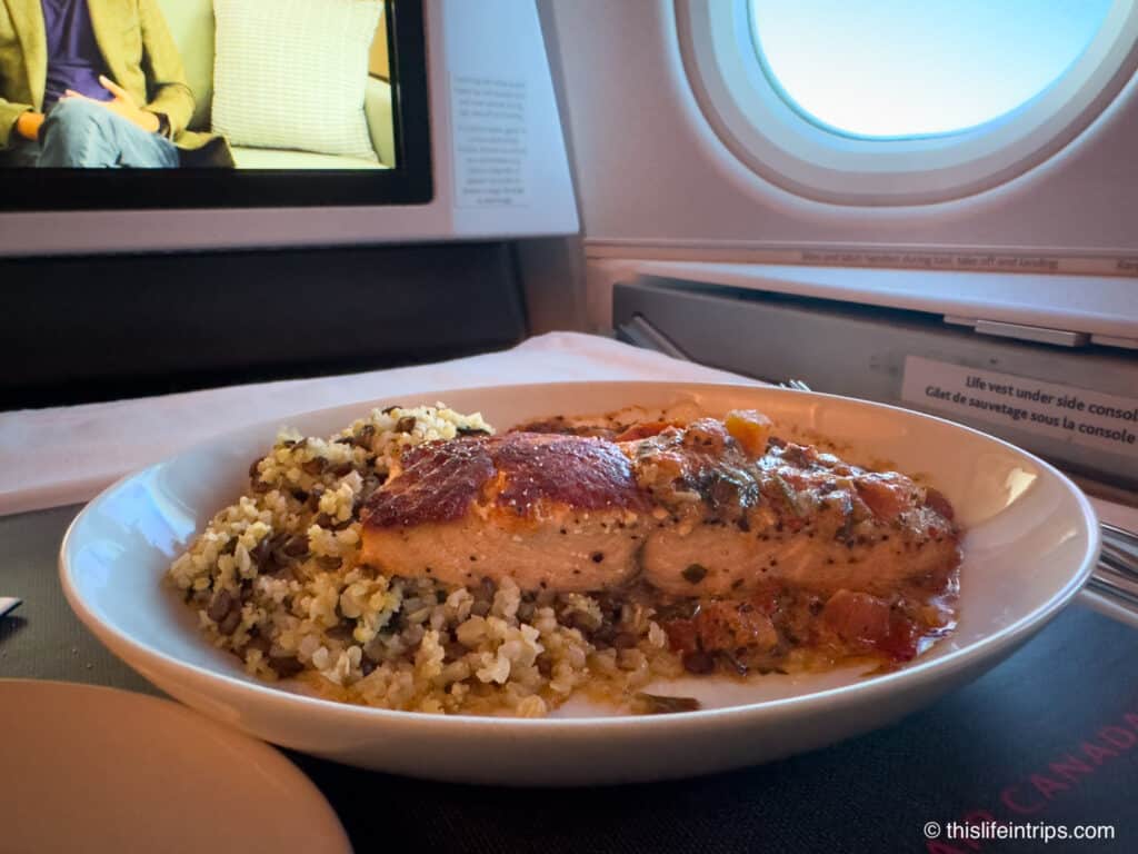 Air Canada A330 business class meal of salmon and rice