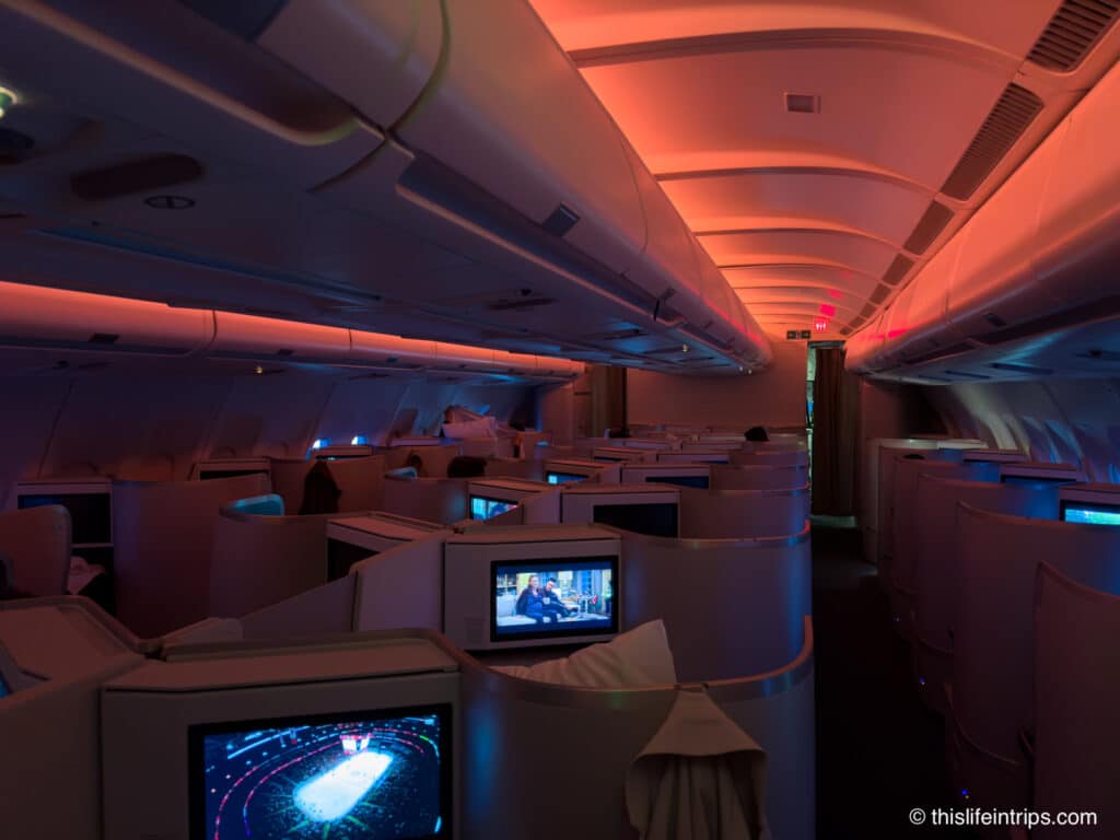 Air Canada A330-300 business class cabin with lights off