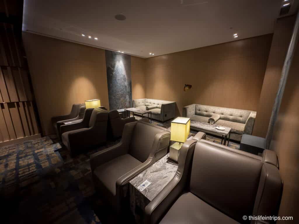 Couch and lounge chairs at the Pod seats in the Plaza Premium Lounge Taipei Terminal 1 location