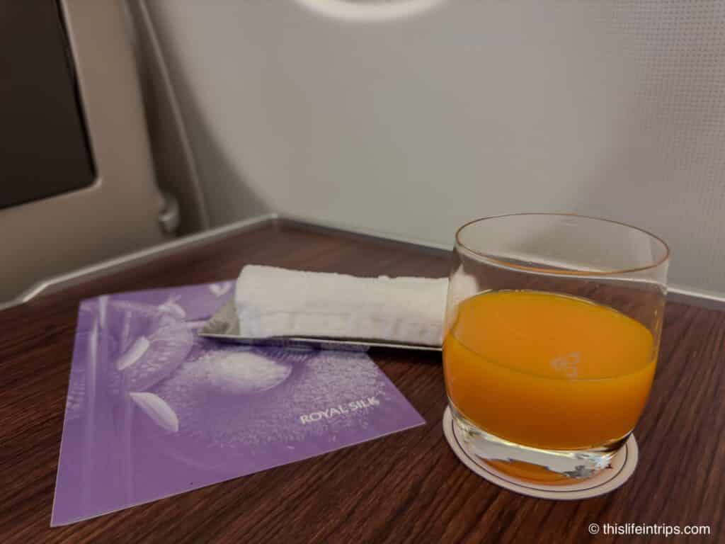 Thai Airways business class drinks menu and welcome drink