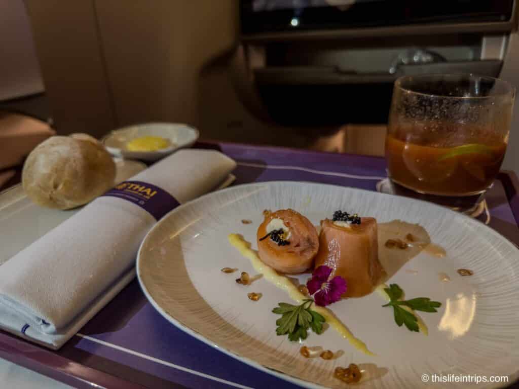 thai airways business class food - salmon appetizer