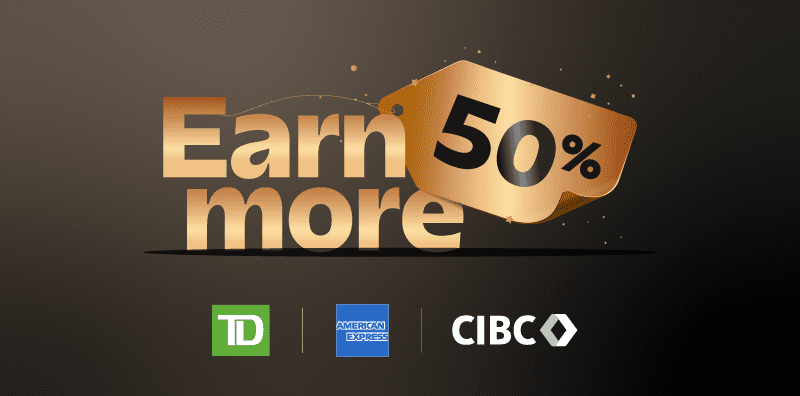 banner image promoting aeroplan estore black friday 50% bonus points through Aeroplan branded credit card.