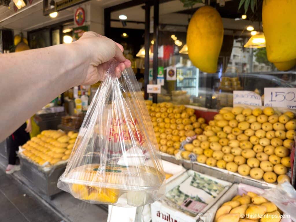Mango sticky rice to go from mango stand in Thonglor Bangkok
