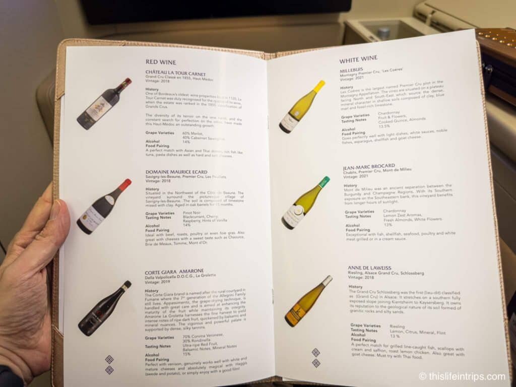 Thai Airways First Class Menu - wine list