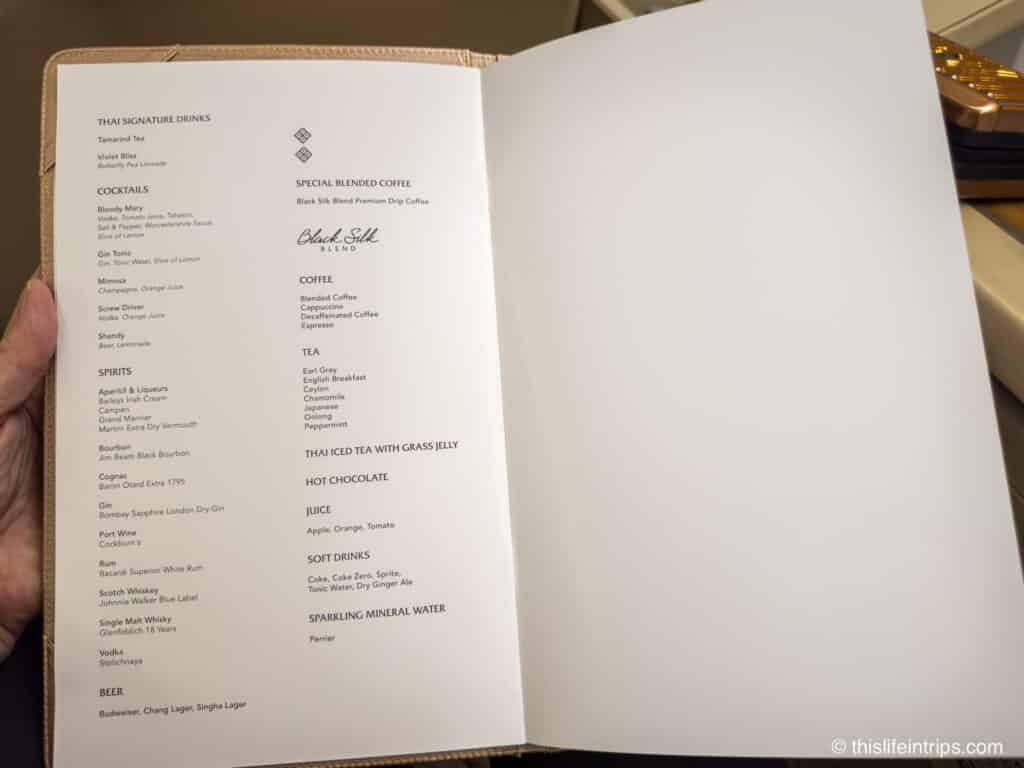 Thai Airways First Class Menu