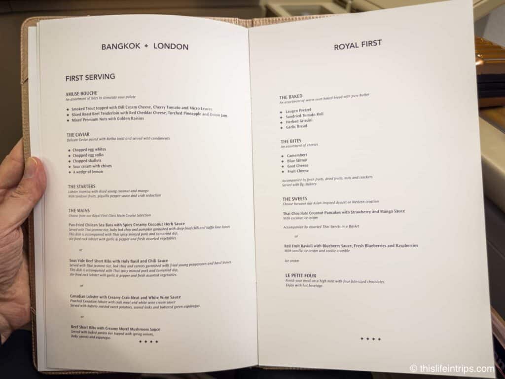 Thai Airways First Class Menu