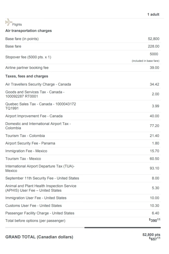 aeroplan multi city itinerary bill