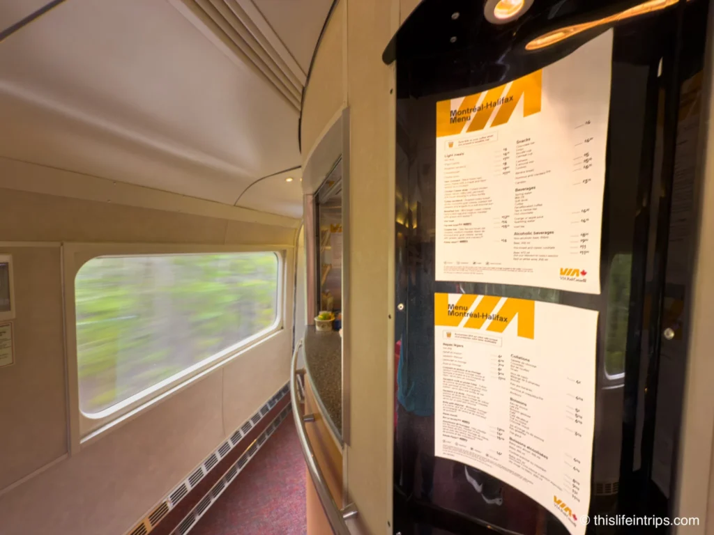 Bar and snack menu on the VIA Rail Ocean train
