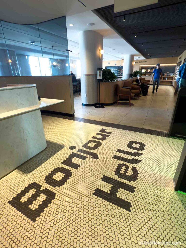 Bonjour/Hello in the floor tile - A locals welcome to the Montreal Air Canada Cafe