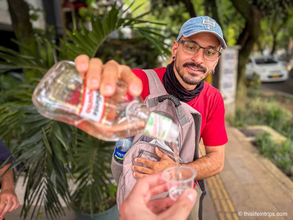 A shot of Aguardiente Antioqueño on the go